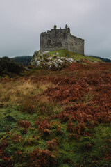 A dramatic and atmospheric photograph of the ruined medieval Castle Tioram (pronounced "Cheerum"), the former stronghold of the Clanranald branch of the MacDonalds - in Loch Moidart