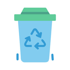 Minimalist illustration of a blue recycling bin with a green lid on black background