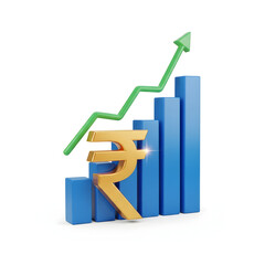 3d icon of indian rupee symbol with rising bar graph and arrow, isolated on white background