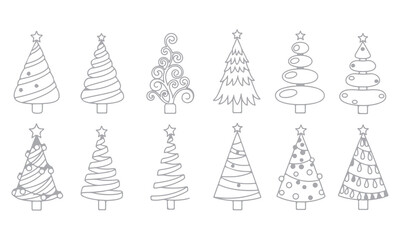 Christmas Tree Vector collection featuring hand-drawn festive tree designs with stars and decorations. Perfect for holiday cards, invitations, posters, and seasonal design projects.