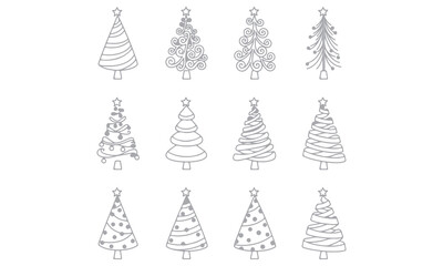Christmas Tree Vector collection featuring hand-drawn festive tree designs with stars and decorations. Perfect for holiday cards, invitations, posters, and seasonal design projects.