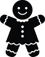 Gingerbread man cookie silhouette, festive Christmas holiday vector illustration, decorative icing design artwork, seasonal dessert symbol, black flat cad drawing