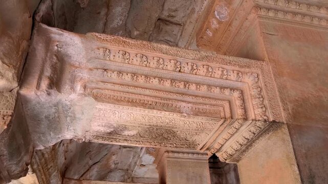 Floral patterns carved on the ceiling of Angkor Wat, Cambodia. Shot in motion