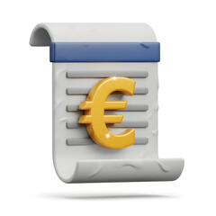 3d icon of euro currency symbol on a document scroll, isolated on white background