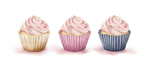 cupcake with pink icing collection watercolor