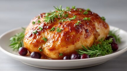 Golden Brown Roasted Turkey Breast Presented On A White Plate Garnished With Fresh Rosemary And Cranberries With A Glossy Glaze And Sprinkled Parsley Studio Lighting