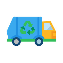 Naklejka premium Recycling truck in blue and yellow showing green reuse icon on side