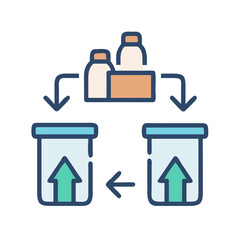 Obraz premium Circular recycling process illustration showing containers and waste bins with directional arrows