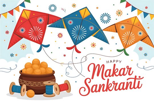 Happy makar sankranti greeting card with kite, sweets, and charkhi isolated on white background