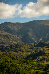 Sunlit mountains and valley in Snowdonia National Park, Wales