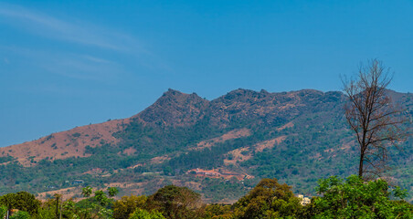 A view towards mountain peaks called Shebas Breast near to the capital, Lobamba of Eswatini in Springtime