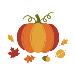 Naklejka premium Pumpkin surrounded by autumn leaves and an acorn, evoking a sense of fall harvest and seasonal celebration.