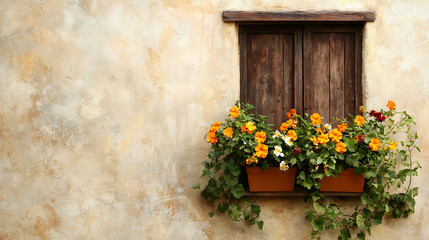 Charming old wooden window with brown frames showcases vibrant flowers in pots, adding touch of beauty to rustic wall