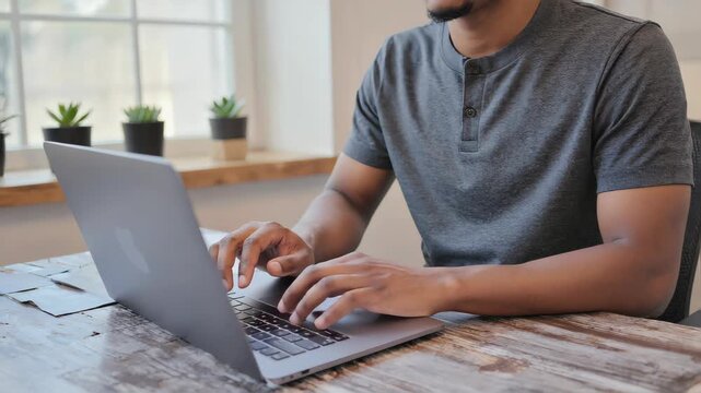man wearing shirt typing on a laptop on a wooden desk, bright natural light coming from window, cozy modern interior with indoor plant, professional workspace