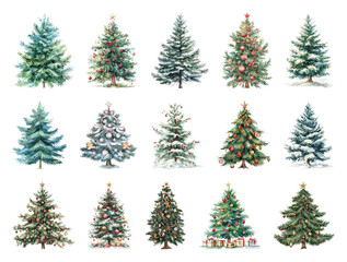 Obraz premium PNG Festive watercolor Christmas trees collection, element set on transparent background