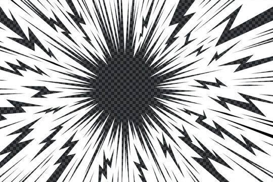 Thunder manga inverted vector effect with radial comic burst lines. Thunder manga bg for anime light flash, power energy and explosion ray. Abstract dark frame design background.