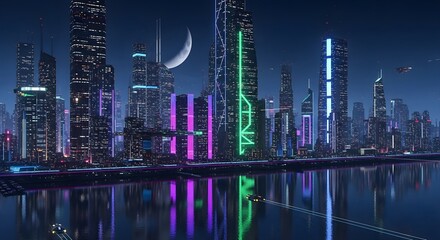 Naklejka premium Futuristic cityscape with neon lights reflecting on water
