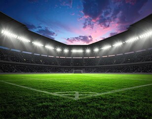 Vibrant Stadium View Of Brightly Lit Soccer Field Under Twilight Sky With Green Grass And Seated Spectators With Floodlights Shining © sonia