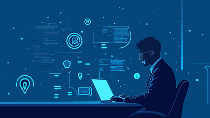 Programmer Working with Futuristic Code and AI Interface Vector Illustration