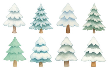 Fototapeta premium PNG Whimsical watercolor snowy trees, element set on transparent background