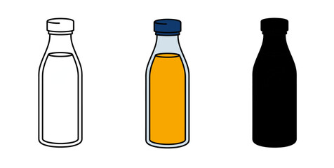 Bottles with Liquid in Outline, Color, and Silhouette Forms on a White Background