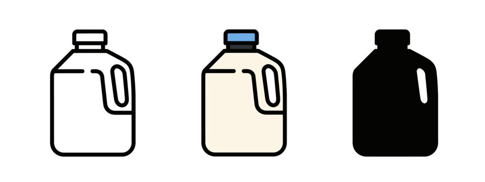 Three different style cartoon gallon milk containers on a white background