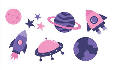 Cute Space Illustration with Planets, Rockets, Stars and UFO in Flat Style