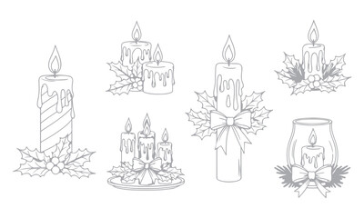 Christmas Santa Sleigh Vector collection featuring Santa Claus with reindeer, holiday candles, stars, and snowflakes. Perfect for festive illustrations, cards, posters, and seasonal design projects.