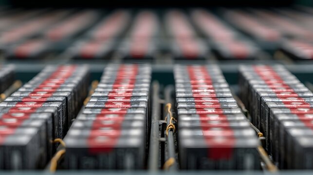 Rows of industrial battery modules with red accents arranged for energy storage and technological application