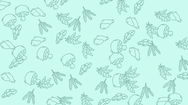 Artistic Botanical Pattern with Mushrooms and Leaves on a Light Green Background.