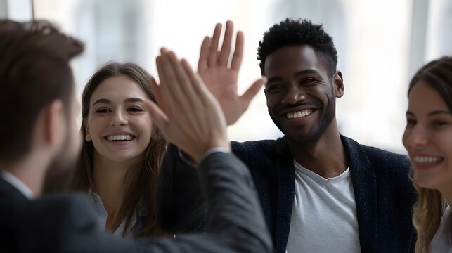 Diverse group of happy colleagues celebrating a successful achievement with high fives in a bright office