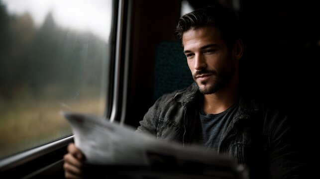 A man reads a newspaper while traveling by train looking thoughtfully out the window at the passing landscape