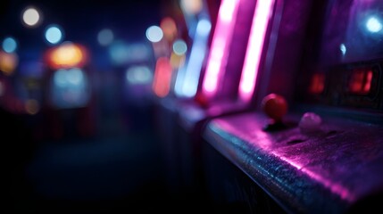 A close up of a vintage arcade game cabinet with glowing neon lights creating a retro atmosphere