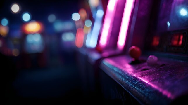 A close up of a vintage arcade game cabinet with glowing neon lights creating a retro atmosphere - Powered by Adobe