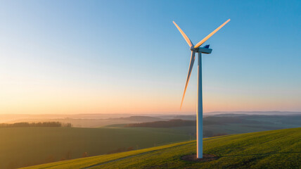 Wind turbines with soft golden light, symbolizing renewable energy and sustainability