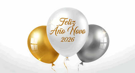 New year 2026 three balloons with feliz año novo 2026 message in gold, silver and white colors on a white background