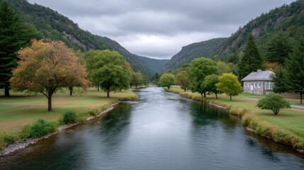 Fototapeta premium Pastoral Mountain Valley Scenic View With Flowing Stream Tall Evergreen Trees And Autumn Foliage On A Cloudy Day