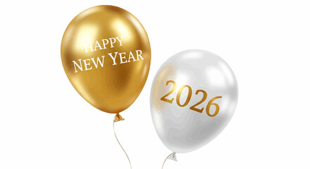 New year 2026 two balloons one gold with happy new year text and one white with the year 2026 on a white background