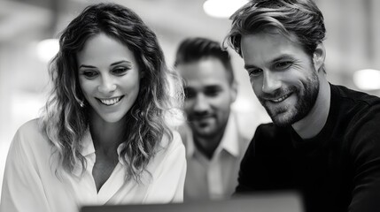 A diverse group of professionals collaborates around a laptop in a modern office setting showcasing teamwork and engagement