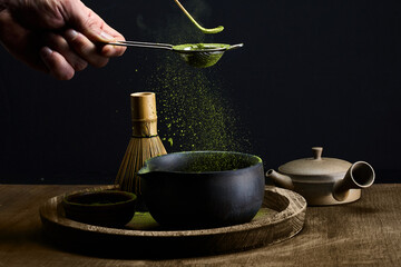 Matcha Tea Ceremony. A serene matcha tea setup with traditional tools