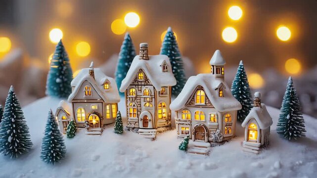 miniature snowy christmas village with warm glowing lights, cozy ceramic houses, snowy rooftops, decorated pine trees, soft evening bokeh lights in background