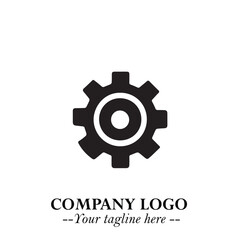 Gear icon logo symbol vector in black and white with minimal industrial settings concept