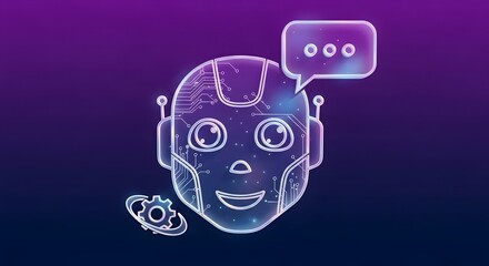 Ai robot head with speech bubble and gear on a purple background