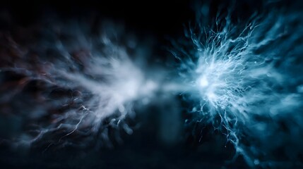 Abstract blue and red energy sparks collide creating a dynamic luminous burst against a dark cosmic background