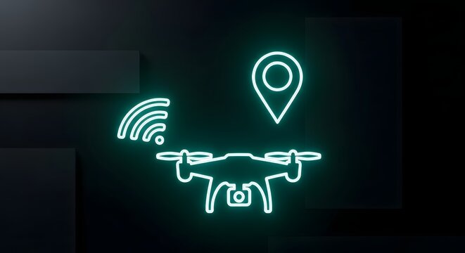 Drone with location pin and wifi signal icon on dark background 3d rendering