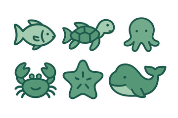 Fototapeta premium Collection of six adorable marine animals: fish, sea turtle, octopus, crab, starfish, and whale