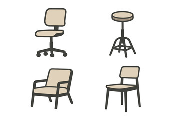 Fototapeta premium Set of modern seating furniture designs including office chair, armchair, and bar stool
