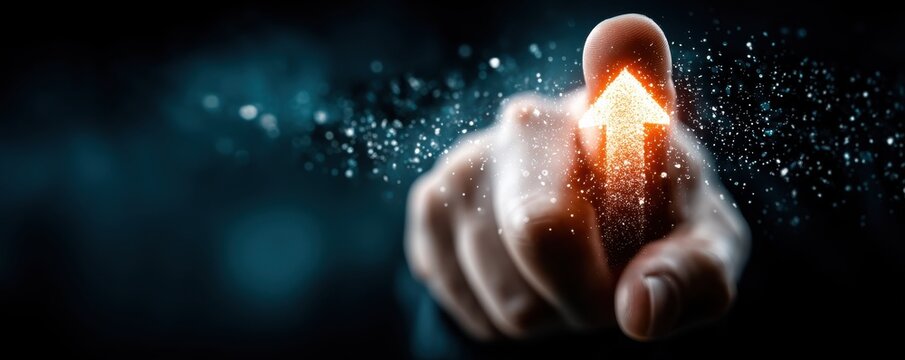 Hand pointing at glowing upward arrow with sparks in a futuristic scene