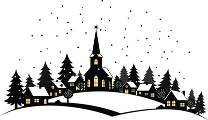 Winter village silhouette illustration, festive Christmas holiday vector artwork, snowy church pine tree design, seasonal night scene, cozy flat cad drawing