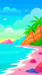 Vibrant tropical beach scene with palm trees and turquoise ocean
